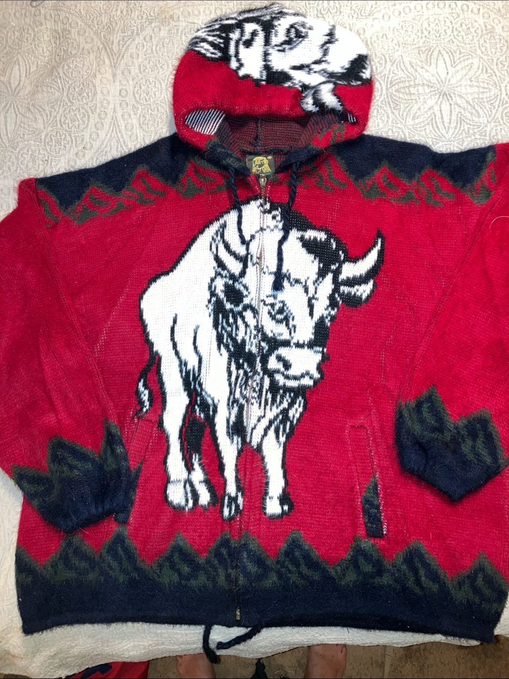 Red Buffalo Graphic Wool Zip-Up Hooded Sweater